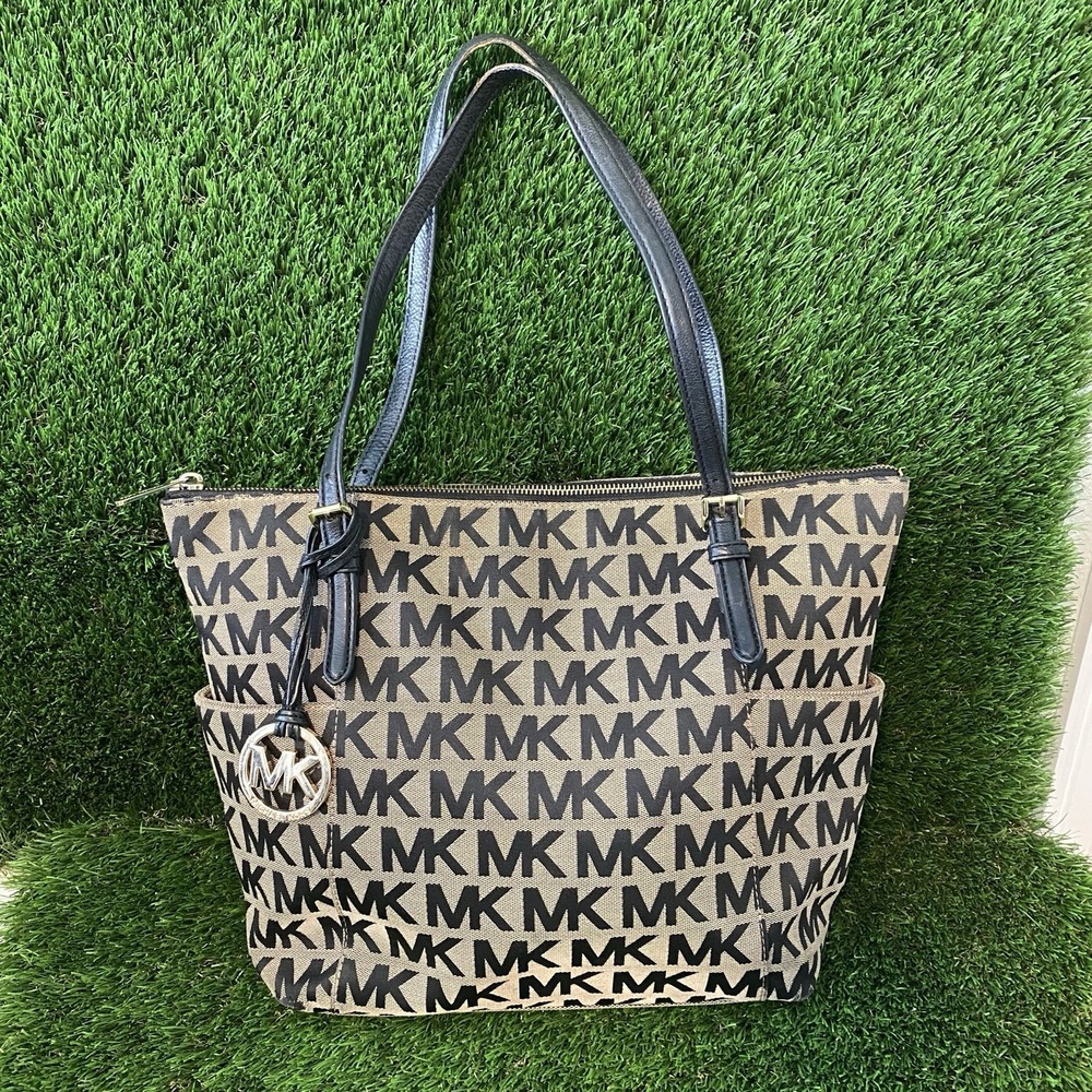 Michael Kors Signature Classic Black Monogram MK Jet Set Tote Hand Bag Purse - Picture 9 of 16